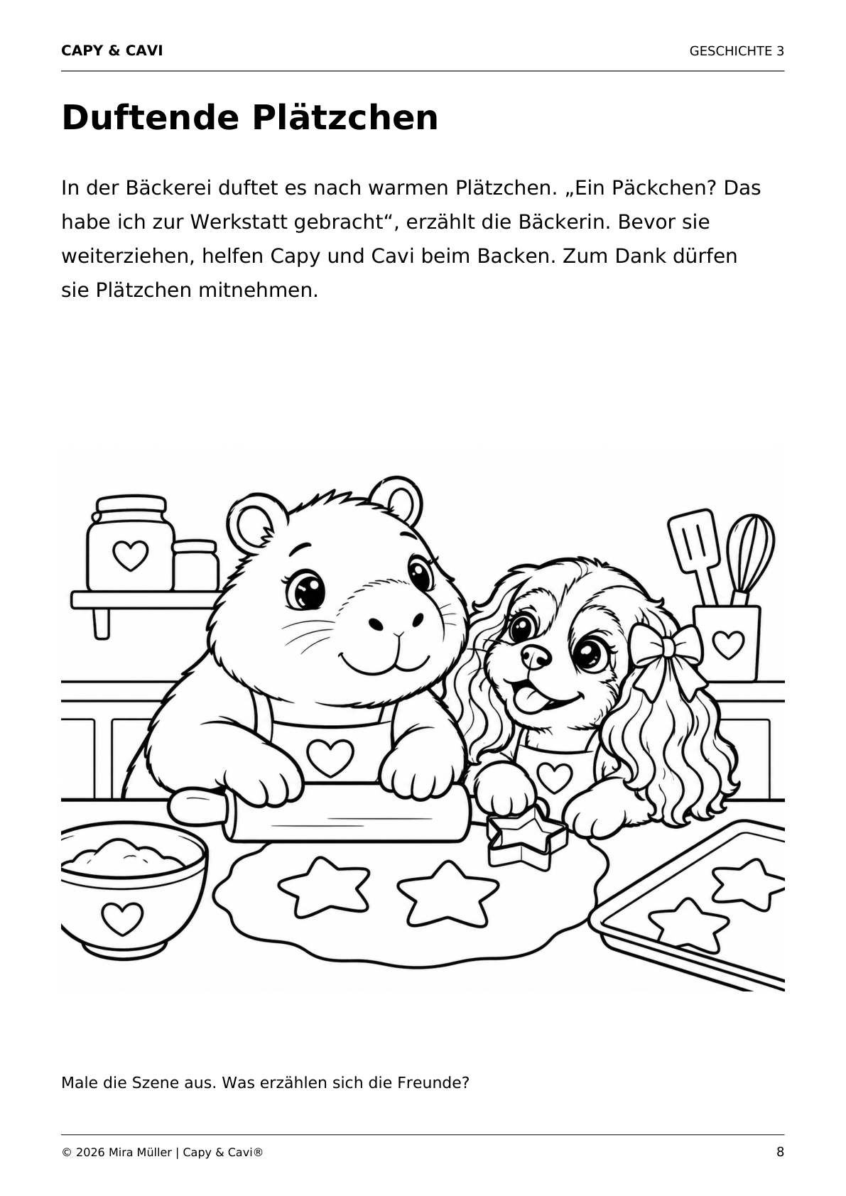 Beispielseite Ausmalgeschichte mit Capy und Cavi
