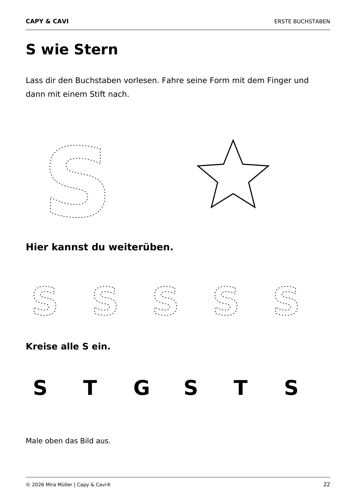 Beispielseite Buchstaben lernen mit Capy und Cavi